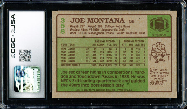 Joe Montana Signed 1984 Topps Card 358 49ers Grade 8 Auto GM 10 CGC x JSA