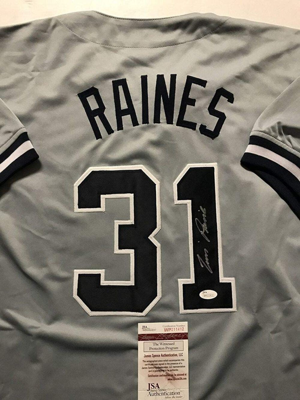 Autographed/Signed TIM RAINES New York Grey Baseball Jersey JSA COA Auto