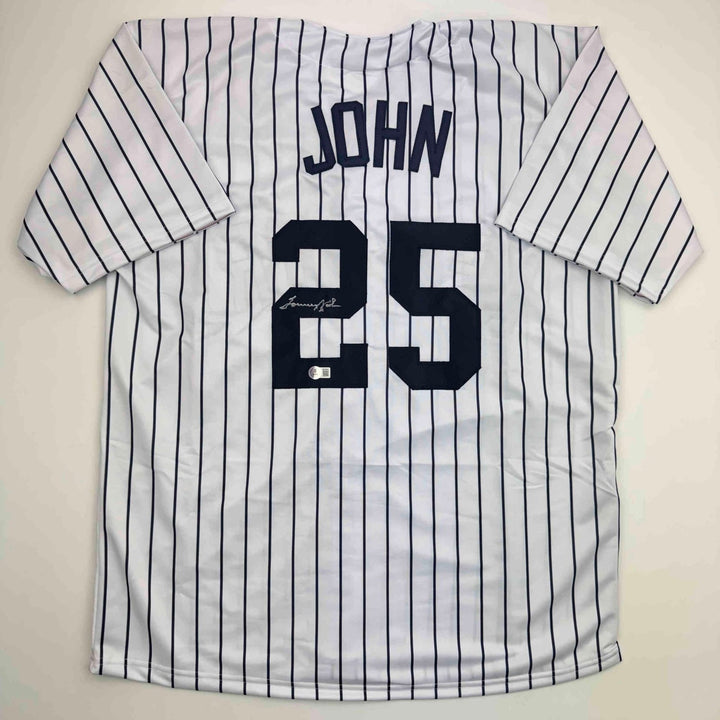 Autographed/Signed Tommy John New York Pinstripe Jersey Beckett BAS COA