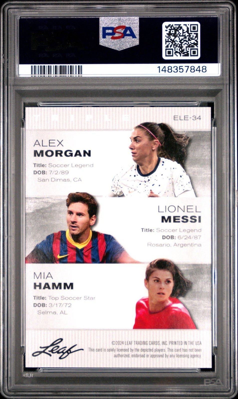 Graded 2024 Leaf Special Lionel Messi Alex Morgan/Hamm #ELE34 Card PSA 10