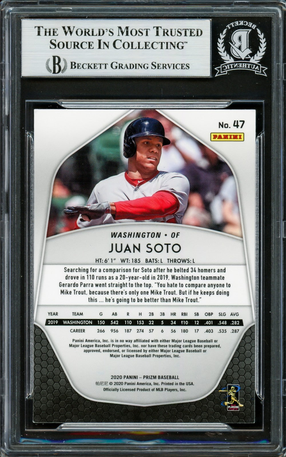 Juan Soto Autographed Signed 2020 Panini Prizm Card 47 New York Mets Beckett