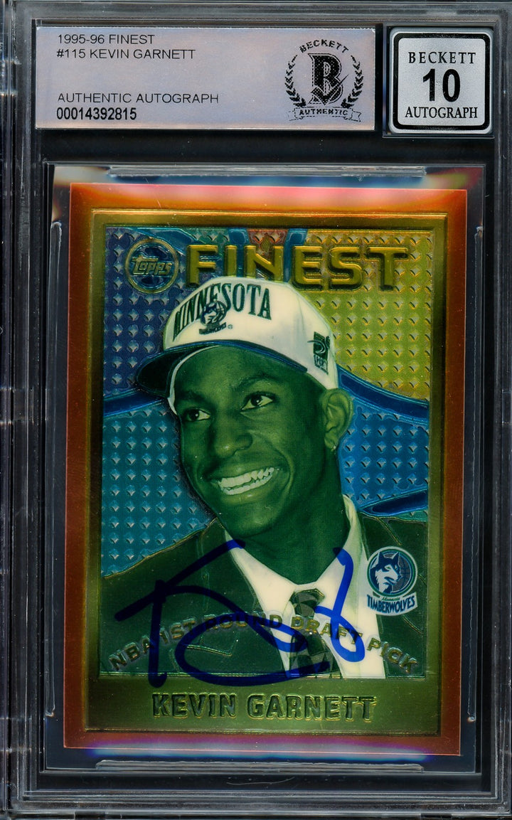 Kevin Garnett Signed 1995-96 Topps Finest RC 115 Timberwolves Auto 10 Beckett