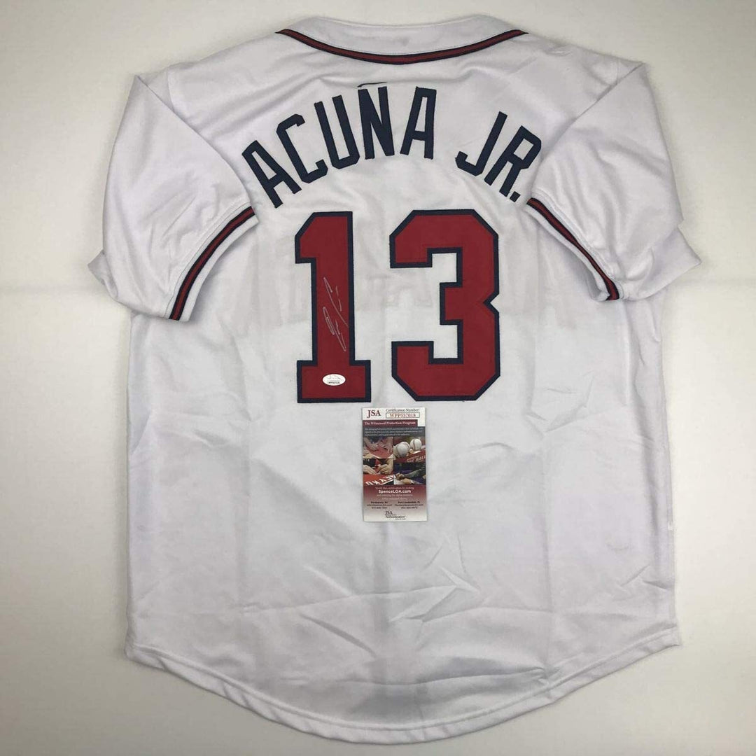 Autographed/Signed RONALD ACUNA JR. Atlanta White Baseball Jersey JSA COA Auto