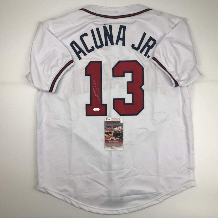 Autographed/Signed RONALD ACUNA JR. Atlanta White Baseball Jersey JSA COA Auto