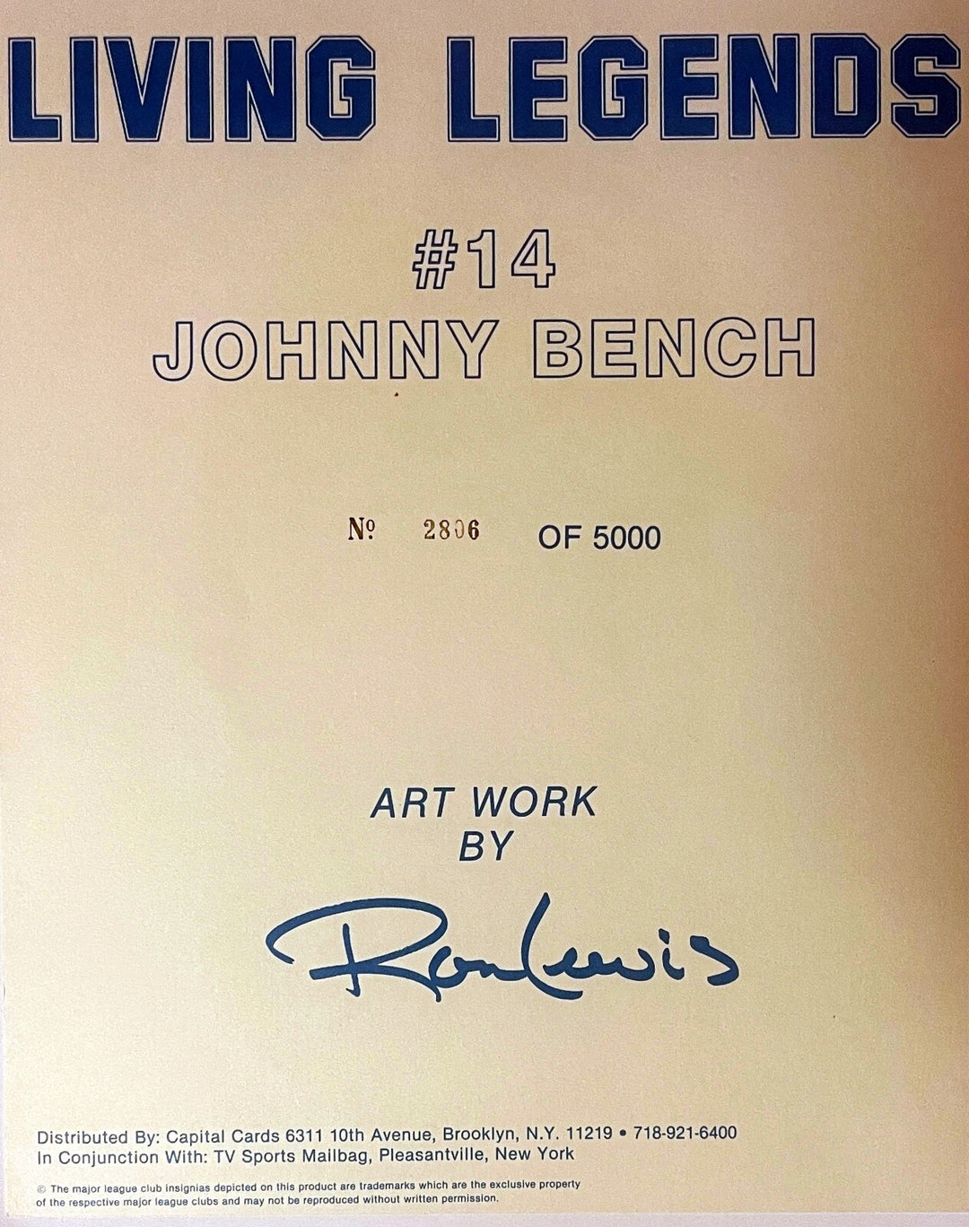 Johnny Bench signed Cincinnati Reds MLB Ron Lewis 89 8x10 Photo- Tuff Stuff COA