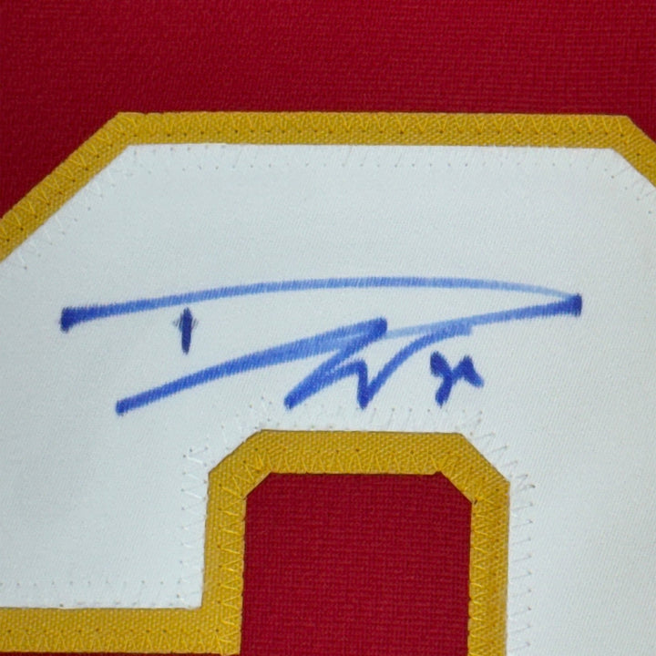 Framed Autographed/Signed Dustin Wolf 35x39 Calgary Red Jersey Beckett COA