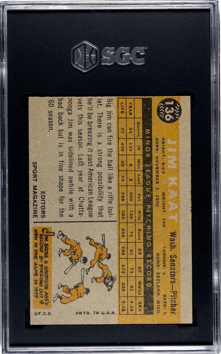 Jim Kaat 1960 Topps Rookie Card (RC) #136- SGC Graded 5 EX