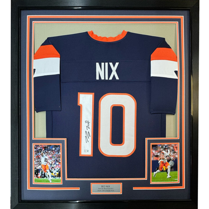 Framed Autographed/Signed Bo Nix 35x39 Denver Blue Jersey Beckett COA