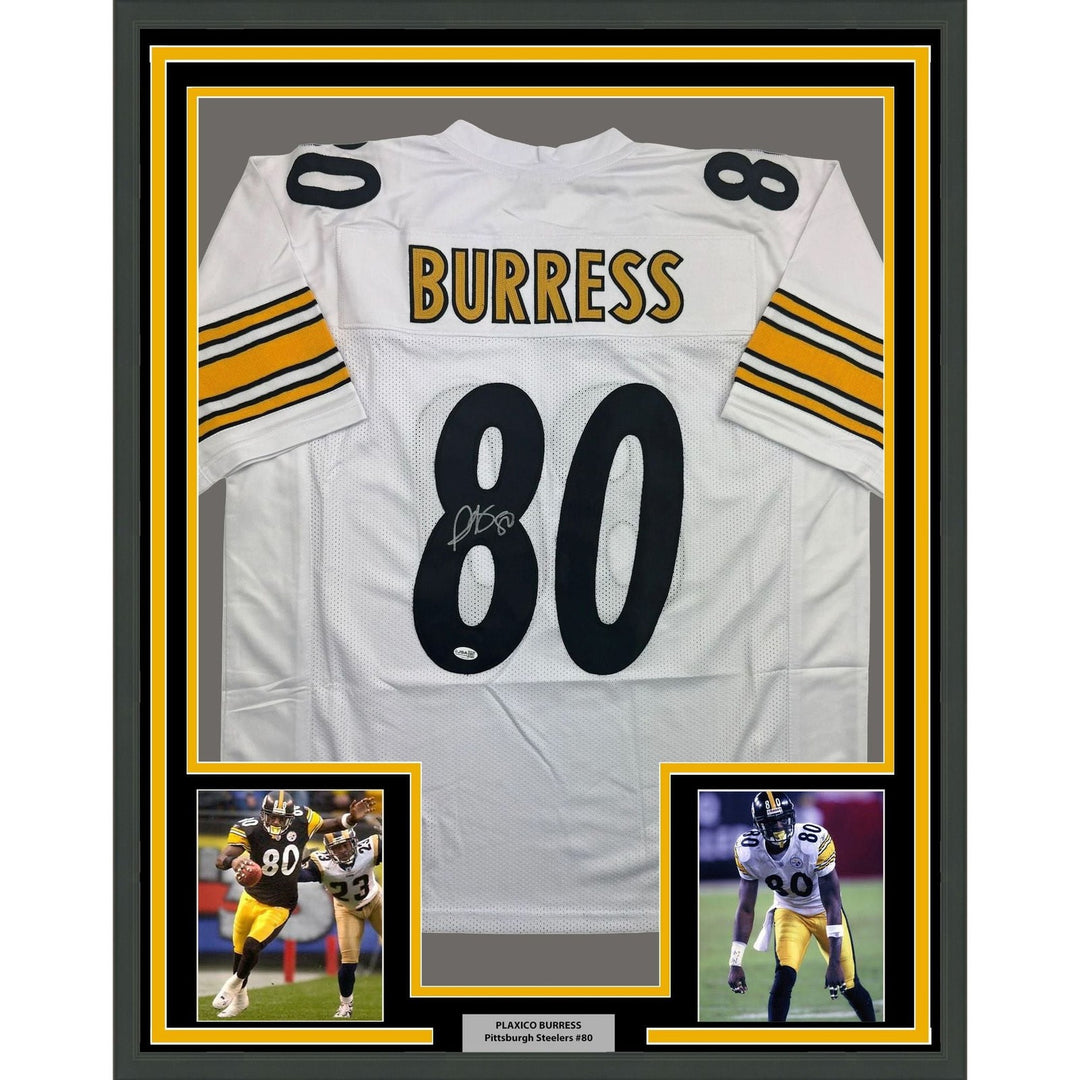 Framed Signed Plaxico Burress 35x39 Pittsburgh White Jersey JSA COA