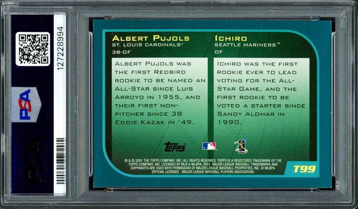 Albert Pujols & Ichiro Suzuki Auto 2001 Topps Traded RC T99 PSA 8 Auto 10 01 ROY