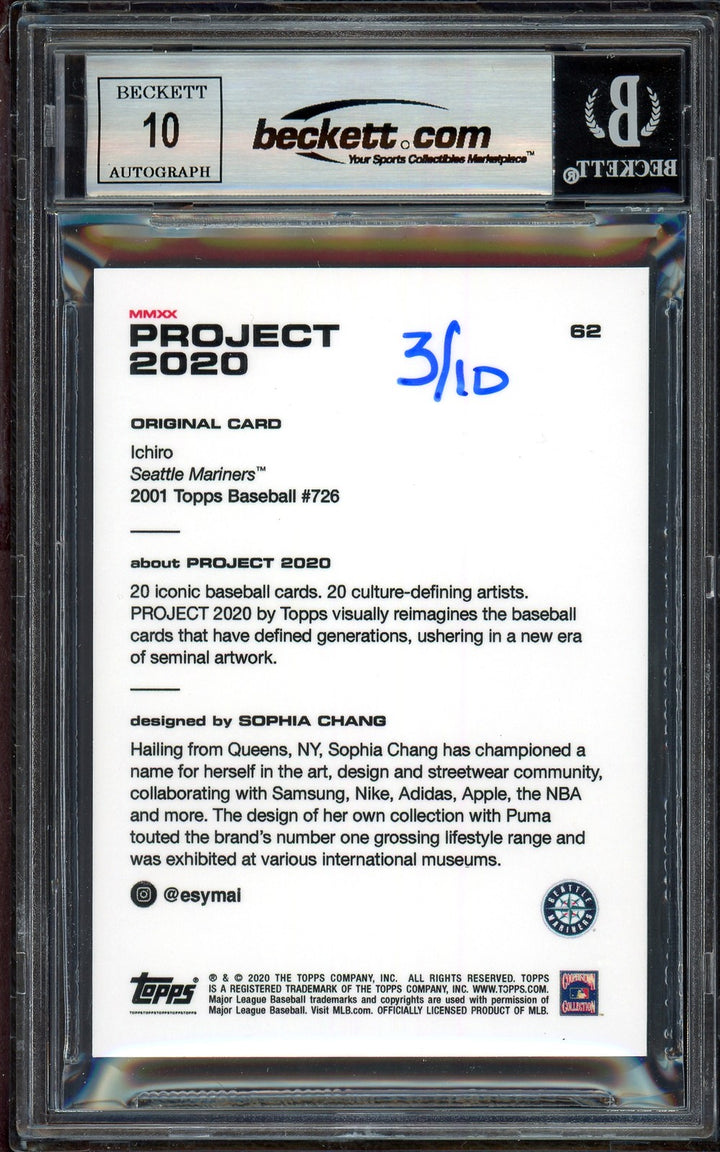 Ichiro Suzuki Auto Topps Project 2020 Sophia Chang Card 62 Sig 10 /10 BAS
