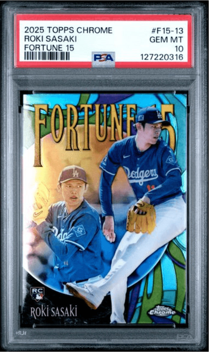 Graded 2025 Topps Chrome Roki Sasaki #F15-13 Fortune 15 Rookie Card PSA 10