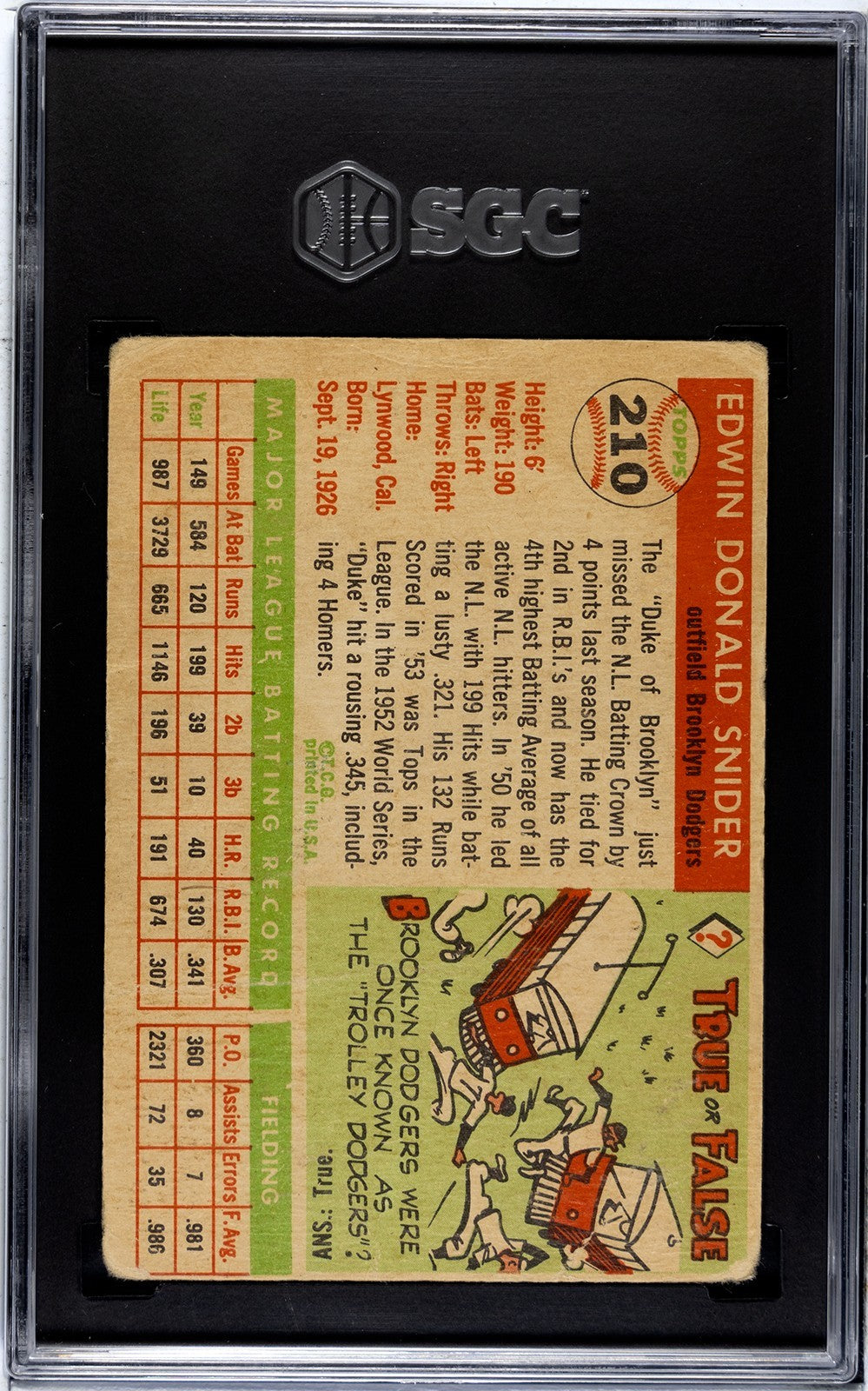 Duke Snider 1955 Topps Card #210 - SGC Graded 1 Poor (Brooklyn Dodgers)