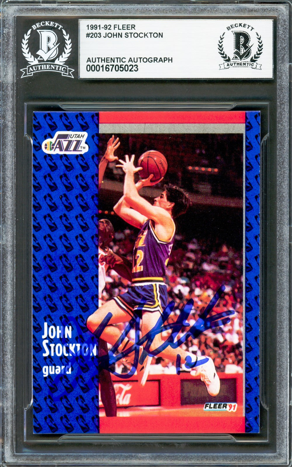 John Stockton Signed 1991-92 Fleer Card 203 Utah Jazz Beckett #16705023