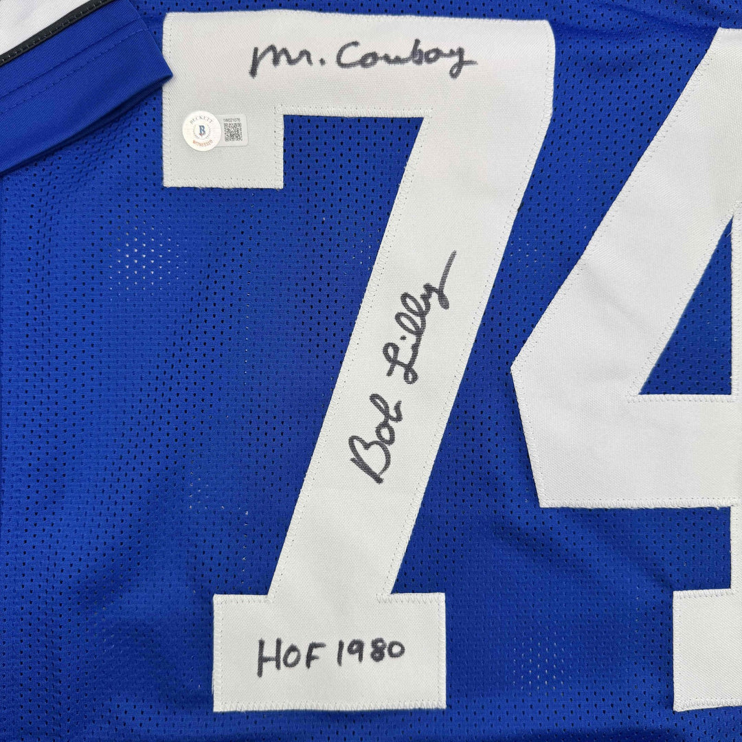 Autographed/Signed BOB LILLY HOF 80 Dallas Retro Blue Football Jersey JSA COA