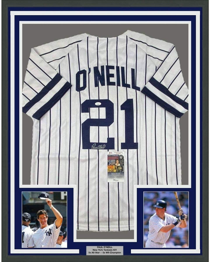 Framed Signed Paul O'Neill 35x39 New York Pinstripe Jersey JSA COA