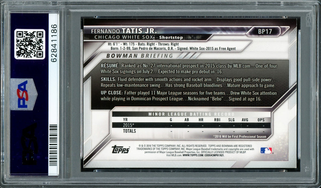 Fernando Tatis Jr Auto 2016 Bowman Prospects Yellow RC BP17 PSA 5 Sig 10 PSA/DNA