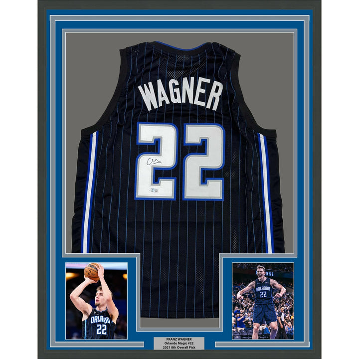 Framed Autographed/Signed Franz Wagner 35x39 Orlando Black Jersey BAS COA