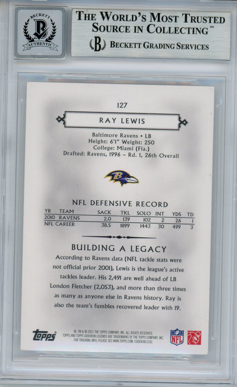Ray Lewis Signed 2011 Topps Legends #127 Trading Card Beckett 10 Slab 35257