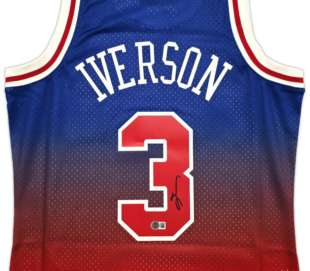 76ers Allen Iverson Auto Red Mitchell Ness 96-97 Swingman Fadeaway Jersey M BAS