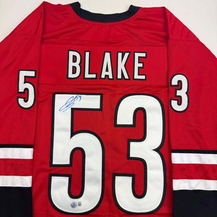 Autographed/Signed Jackson Blake Carolina Red Hockey Jersey Beckett BAS COA