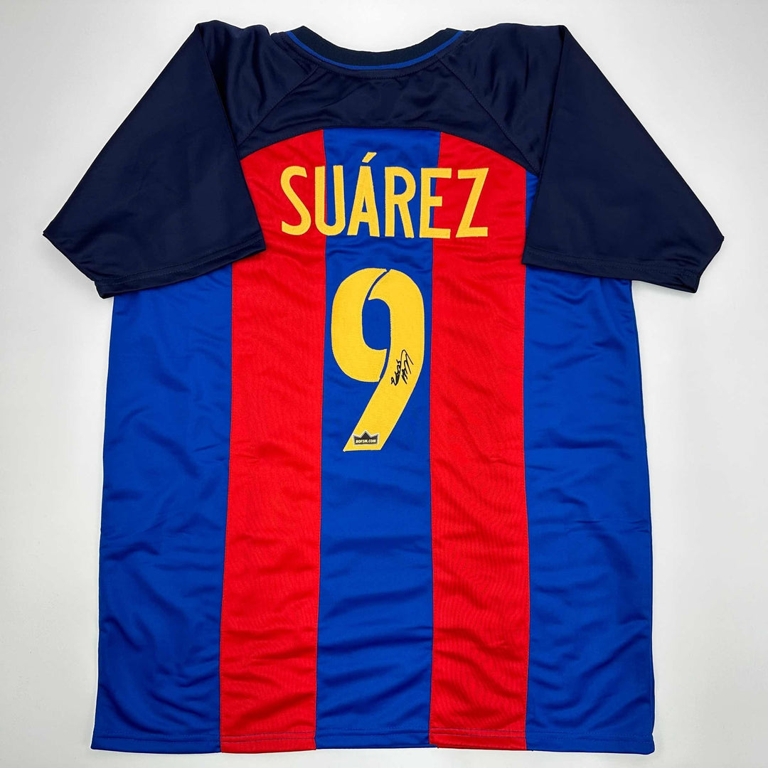 Facsimile Autographed Luis Suarez FC Barcelona Blue/Red Reprint Jersey Men's XL