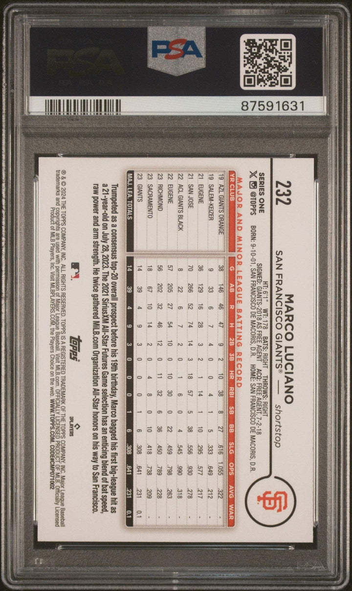 Graded 2024 Topps Marco Luciano #232 Rainbow Foil Rookie Baseball Card PSA 10