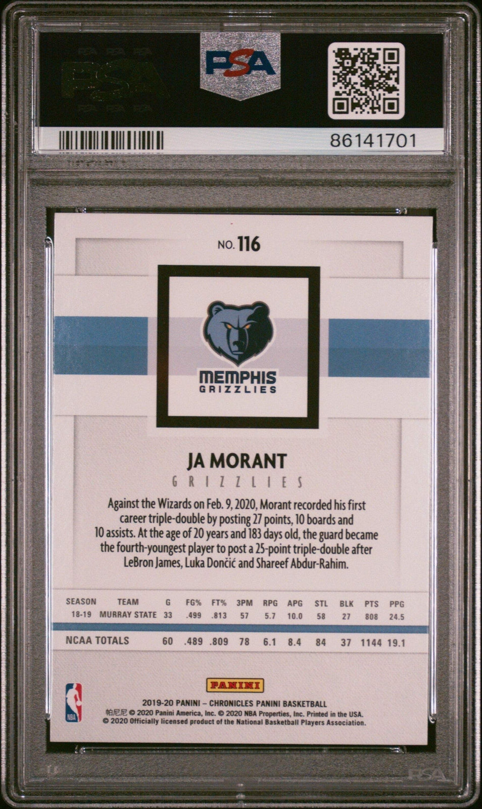 Graded 2019 Panini Chronicles Ja Morant #116 Pink Rookie Basketball Card PSA 9
