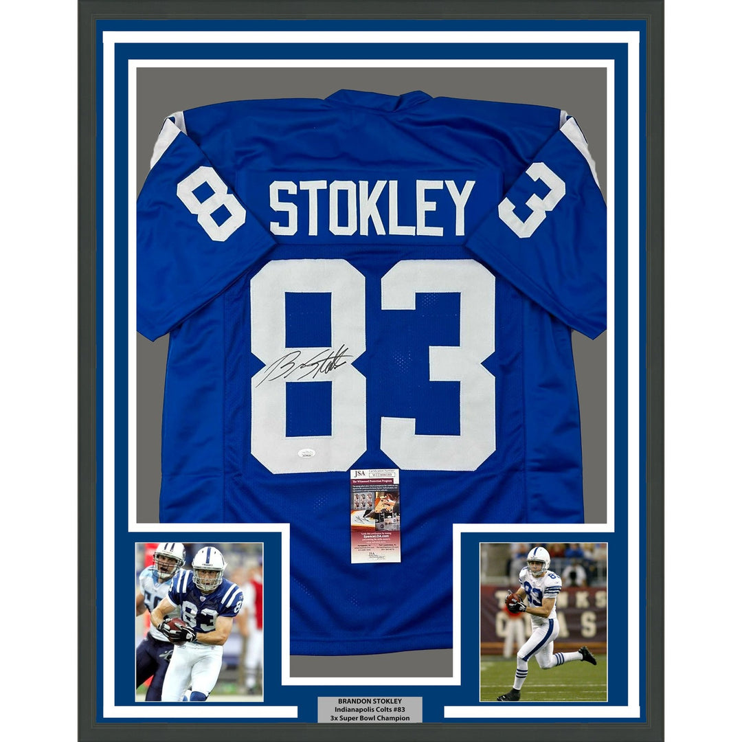 Framed Signed Brandon Stokley 35x39 Indianapolis Blue Jersey JSA COA