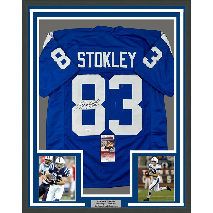Framed Signed Brandon Stokley 35x39 Indianapolis Blue Jersey JSA COA