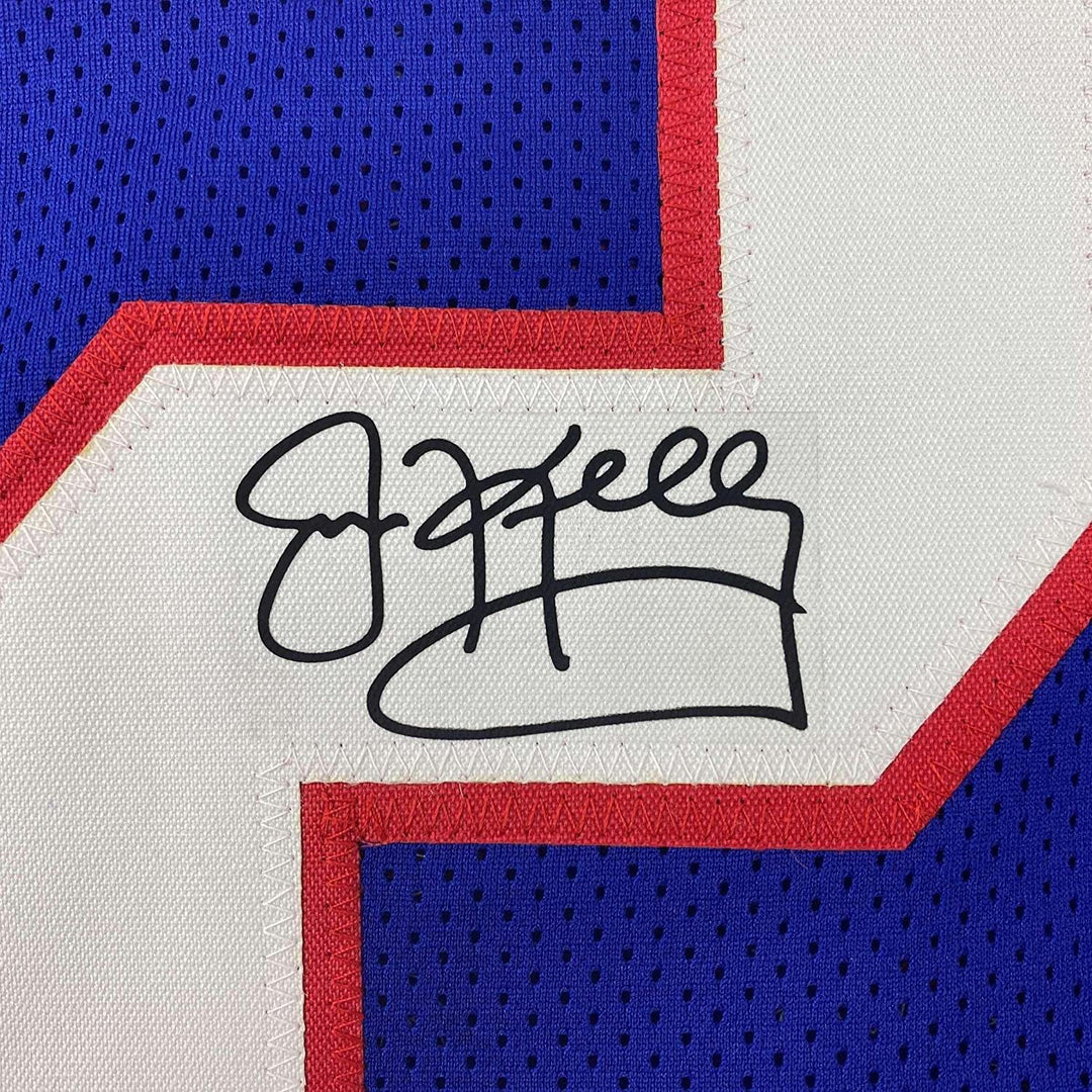Framed Facsimile Autographed Jim Kelly 33x42 Buffalo Blue Reprint Laser Jersey