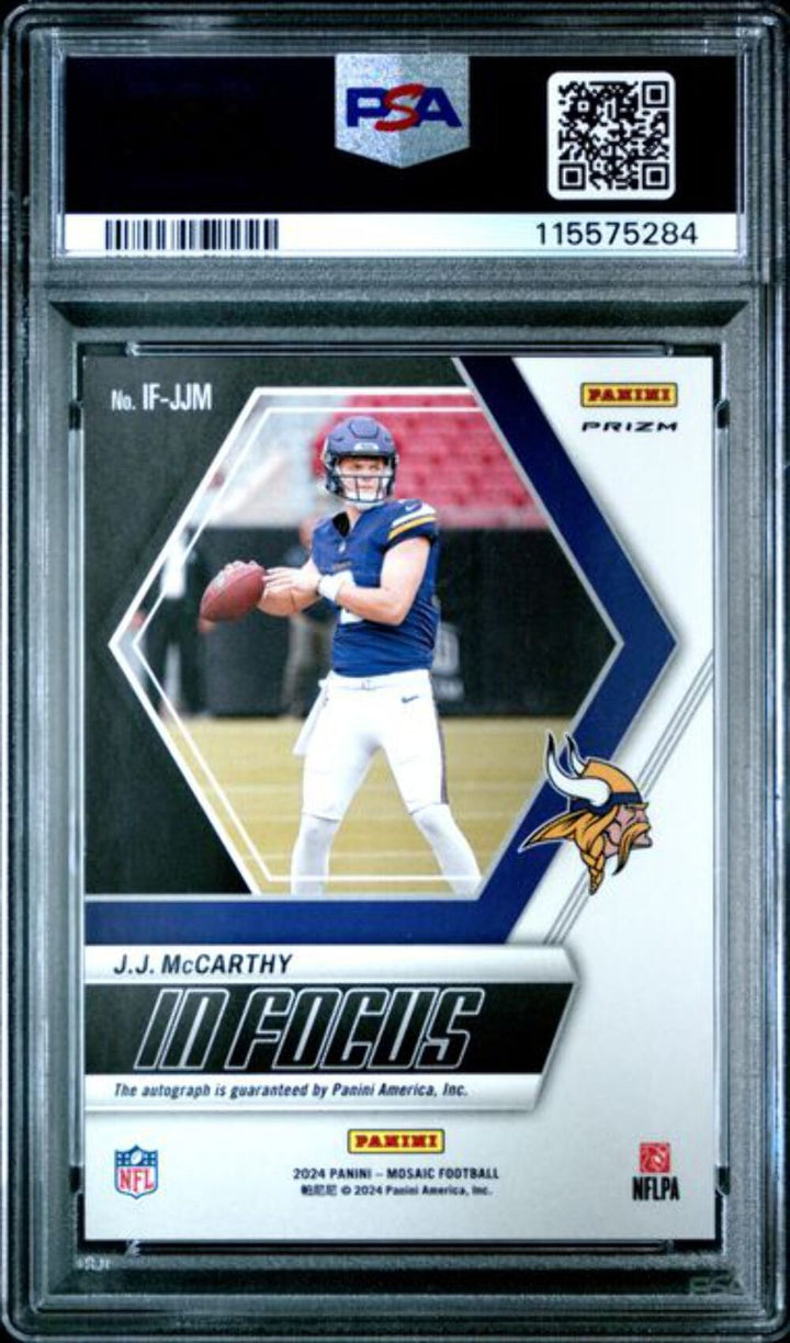 Graded 2024 Mosaic JJ McCarthy #IFJJM In Focus Signature RC Football Card PSA 10