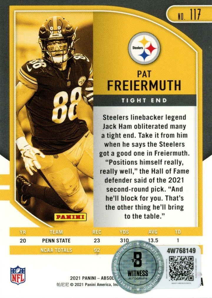 Pat Freiermuth Autographed 2021 Panini Absolute #117 Trading Card Beckett 57023
