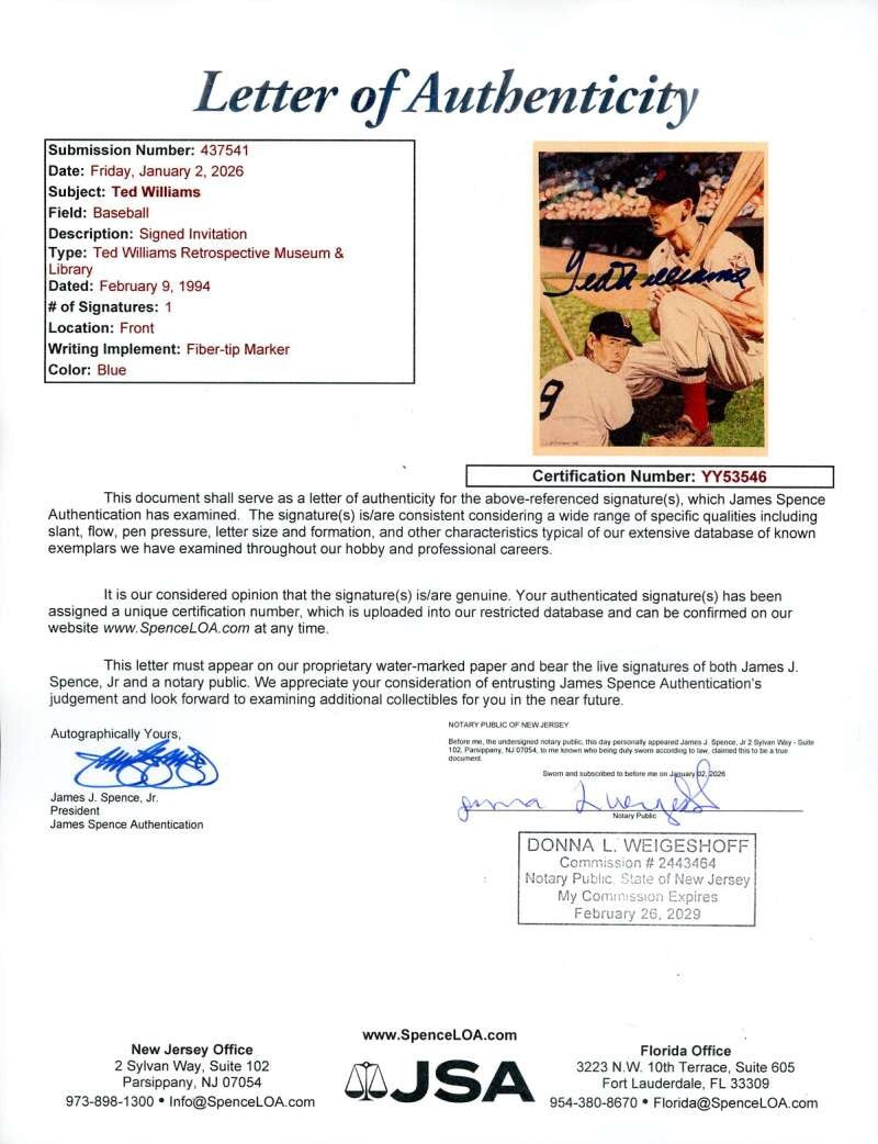 Ted Williams JSA Loa Signed 5x6 Photo Autograph