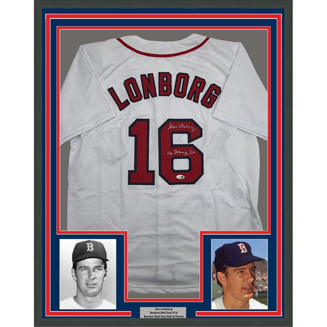 Framed Autographed/Signed Jim Lonborg 35x39 Boston White Jersey JSA COA