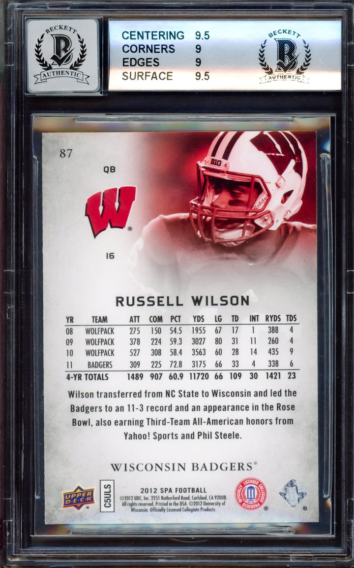 Russell Wilson Auto 2012 SP Authentic RC 87 Wisconsin BGS 9 Sig 10 Beckett
