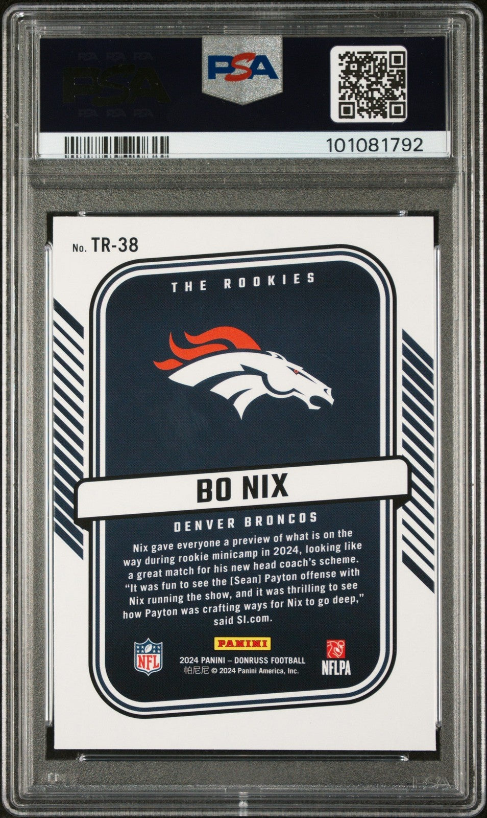 Graded 2024 Panini Donruss Bo Nix #TR38 The Rookies Rookie Card PSA 10
