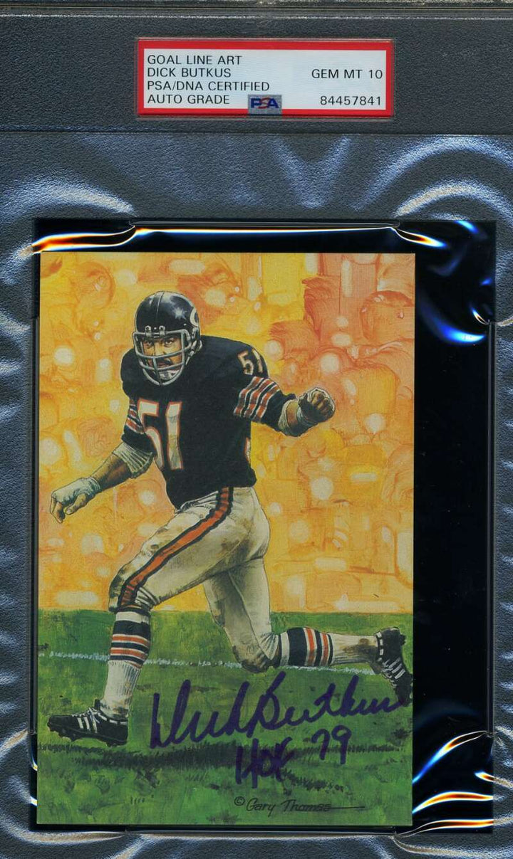 Dick Butkus HOF 79 Gem Mint 10 PSA DNA Slabbed Signed Goal Line Art Card Autogra