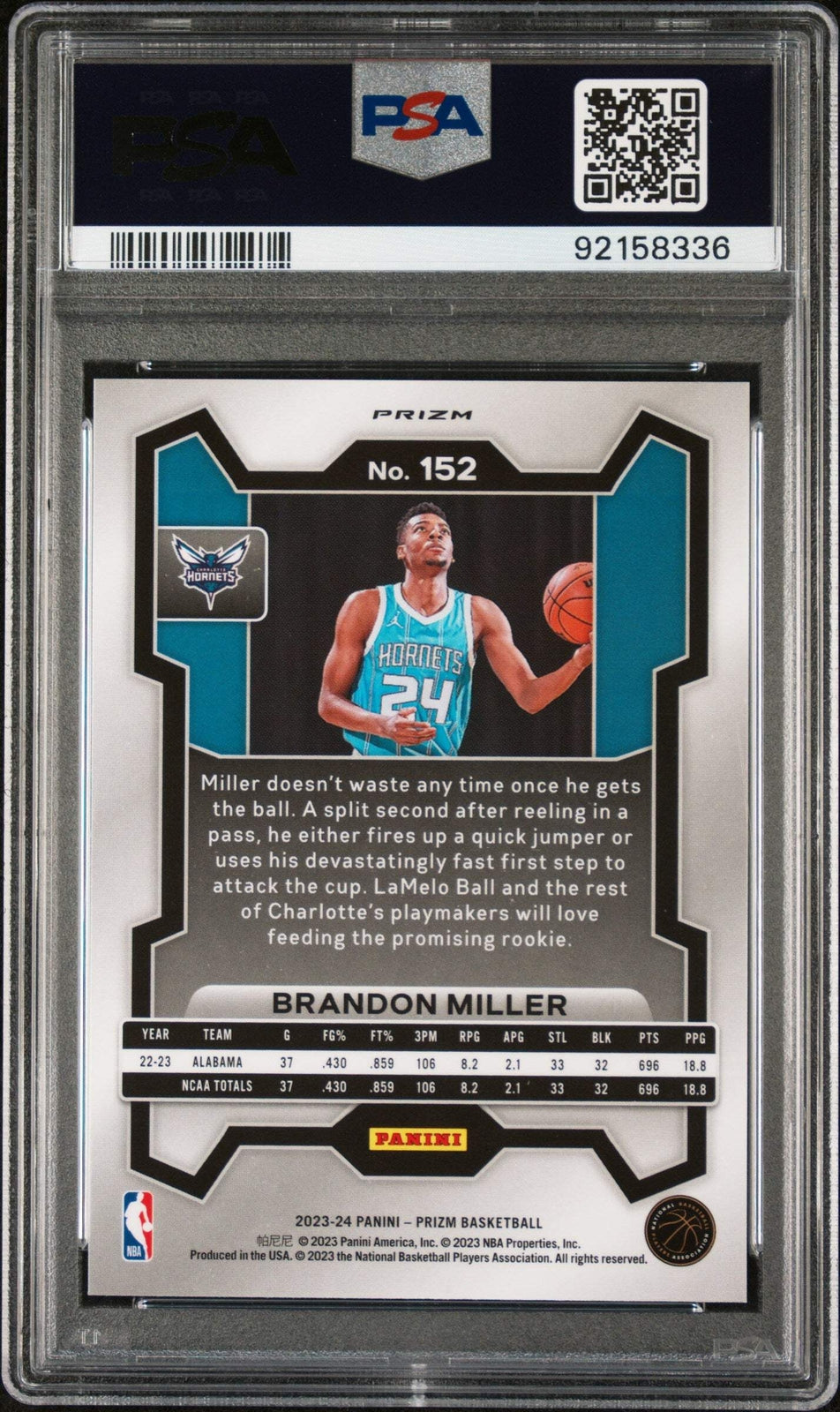 Graded 2023 Panini Prizm Brandon Miller #152 Pink Ice RC Basketball Card PSA 10