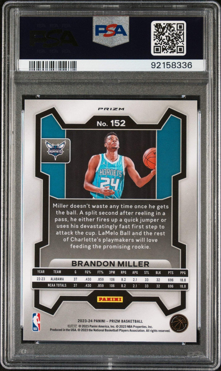 Graded 2023 Panini Prizm Brandon Miller #152 Pink Ice RC Basketball Card PSA 10