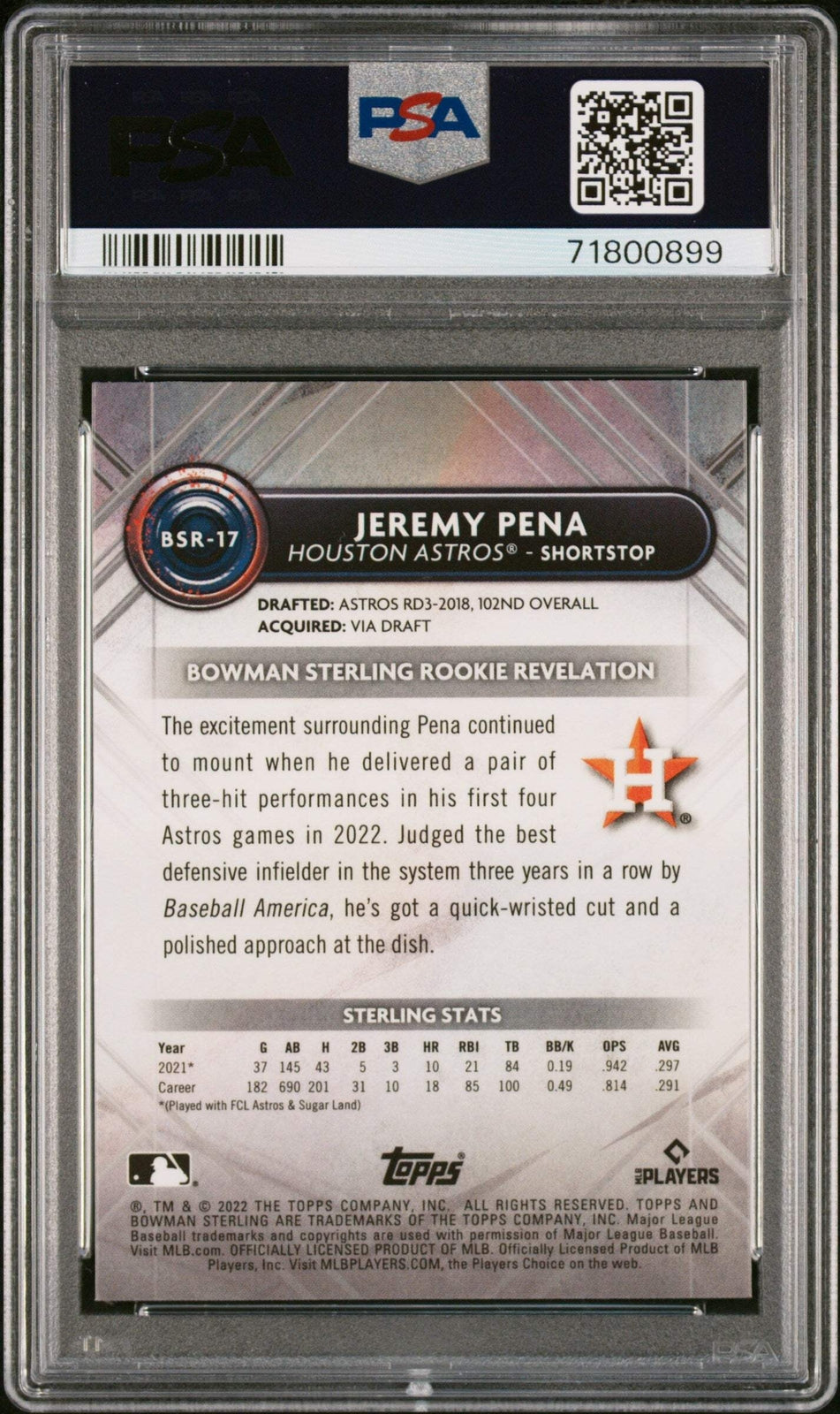 Graded 2022 Topps Bowman Sterling Jeremy Pena #BSR17 Rookie Baseball Card PSA 10