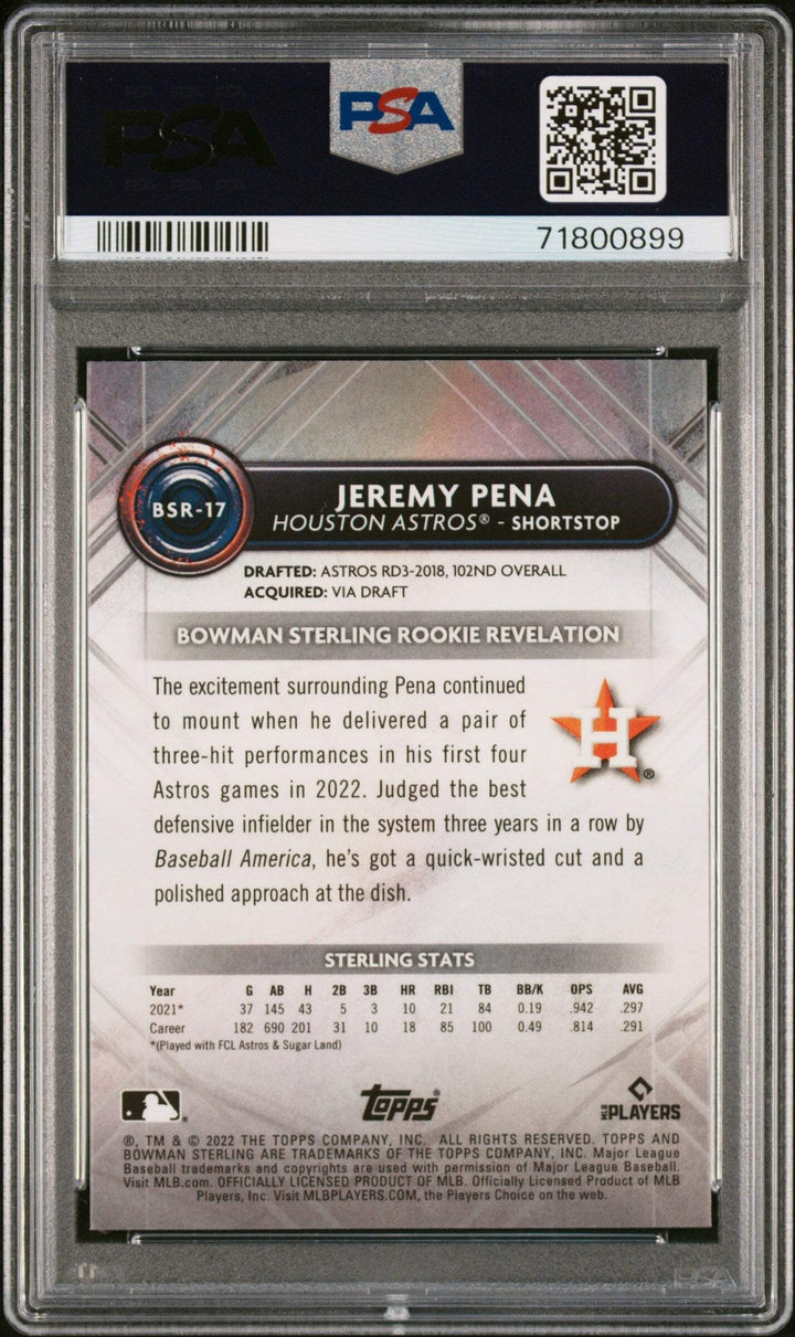 Graded 2022 Topps Bowman Sterling Jeremy Pena #BSR17 Rookie Baseball Card PSA 10