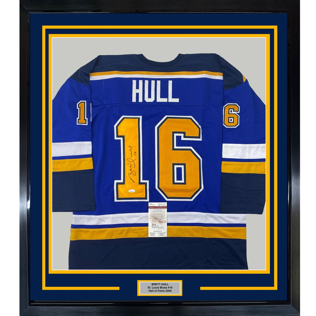 Framed Autographed/Signed Brett Hull 35x39 St. Louis Blue Jersey JSA COA