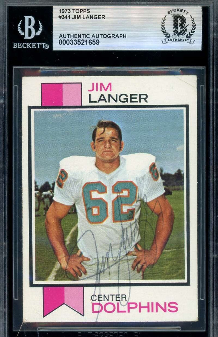 Jim Langer Beckett BAS Vintage Signed 1973 Topps Rookie Autographed Dolphins