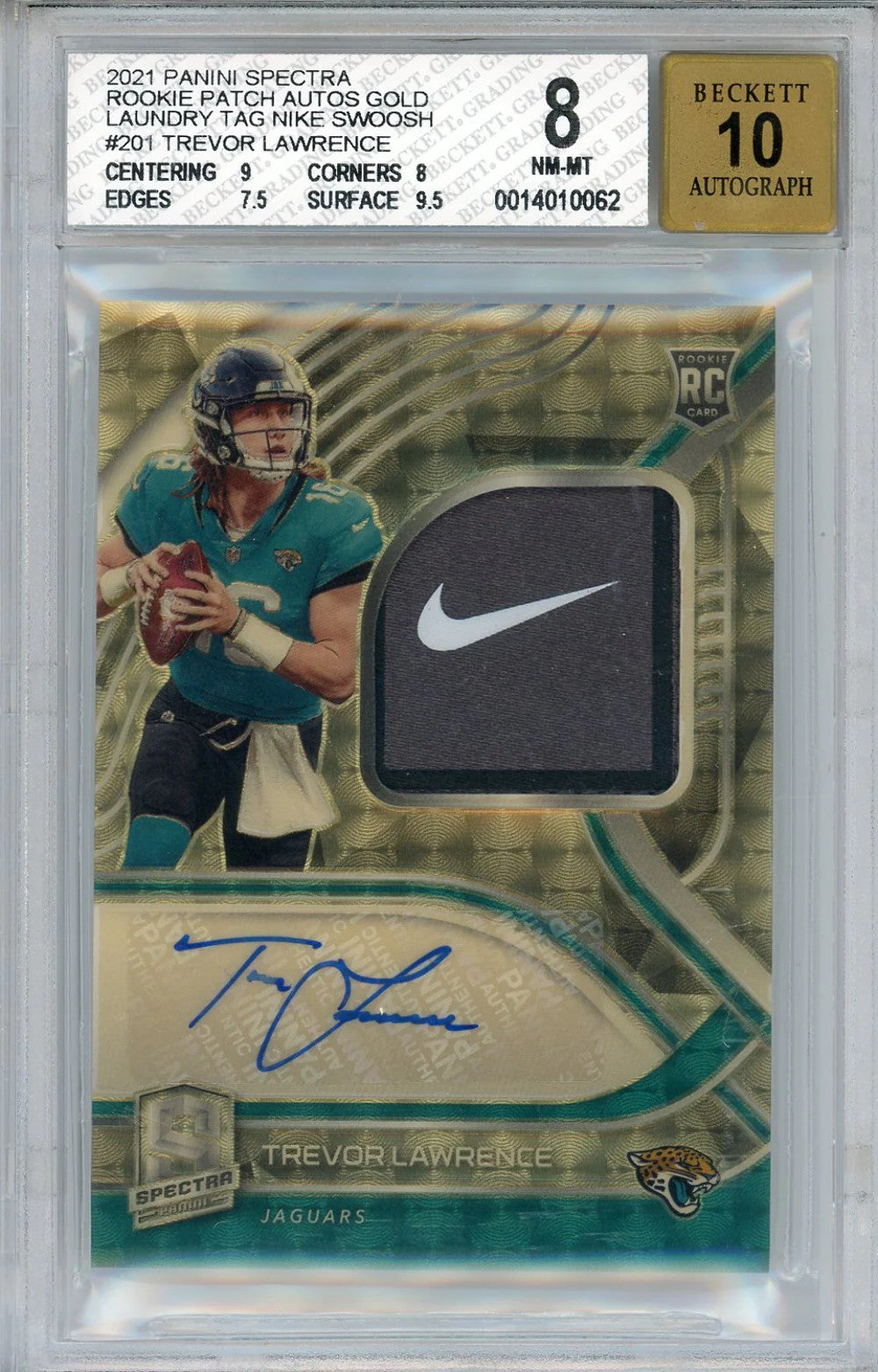 Trevor Lawrence Autographed 2021 Panini Spectra Rookie Patch Gold Laundry Tag Ni