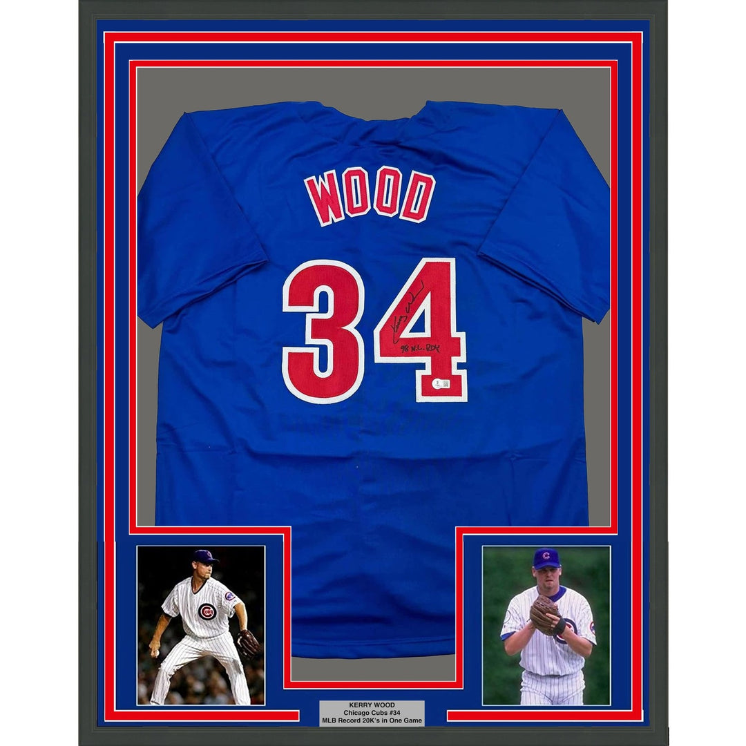 Framed Autographed/Signed Kerry Wood 98 ROY 35x39 Blue Jersey Beckett COA