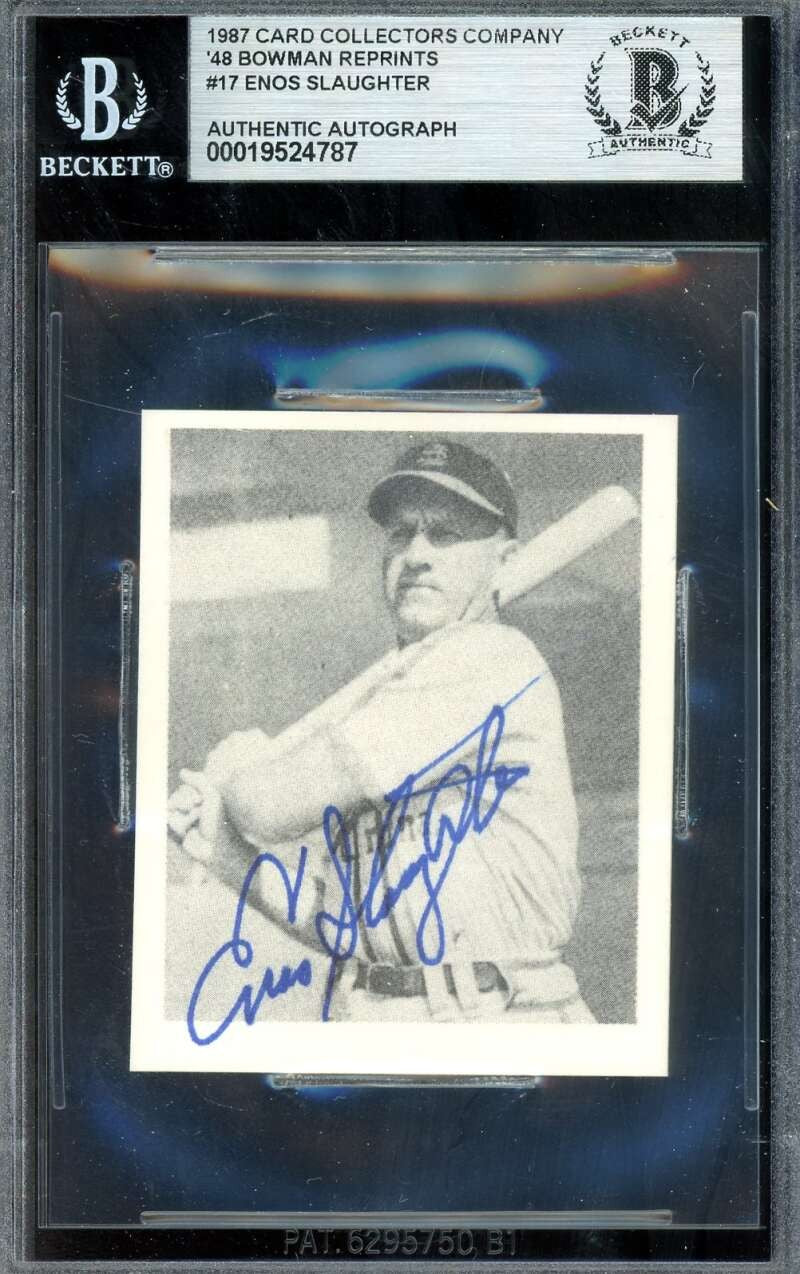 Enos Slaughter Beckett BAS Signed 1948 Bowman Rookie 1987 Reprint Autograph