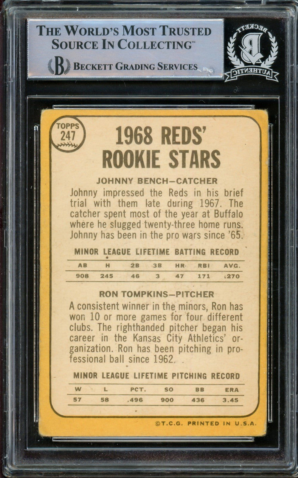 Johnny Bench Signed 1968 Topps RC 247 Cincinnati Reds Beckett #14862533