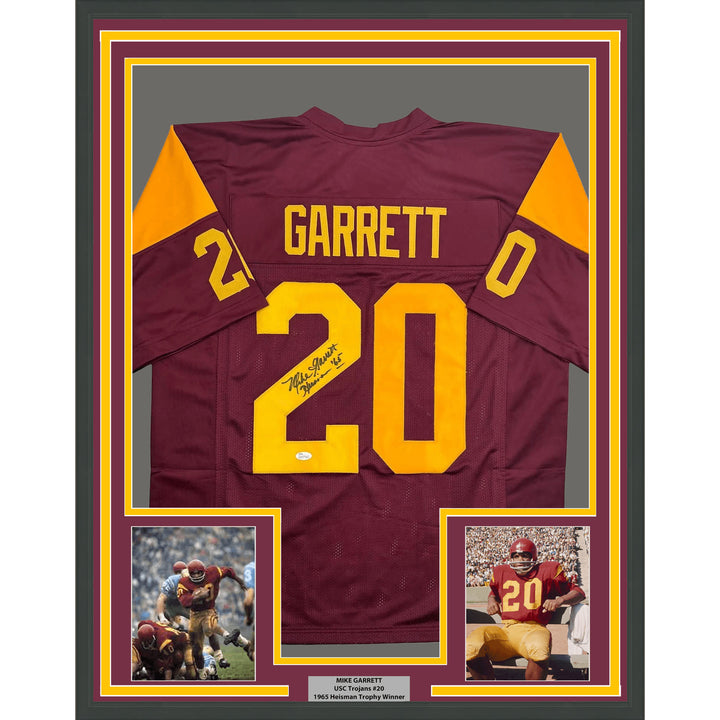 Framed Autographed Mike Garrett 35x39 HT 65 USC Red College Jersey JSA COA