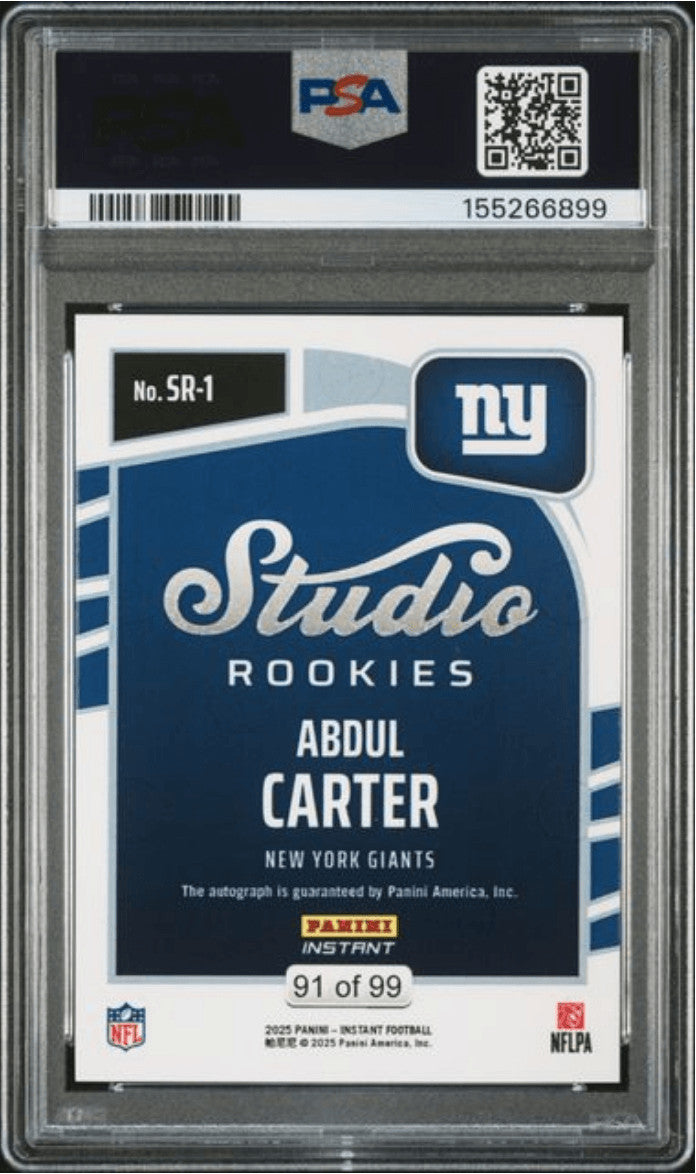 Graded 2025 Panini Abdul Carter #SR1 Studio RC Auto /99 AUTH Auto PSA 10